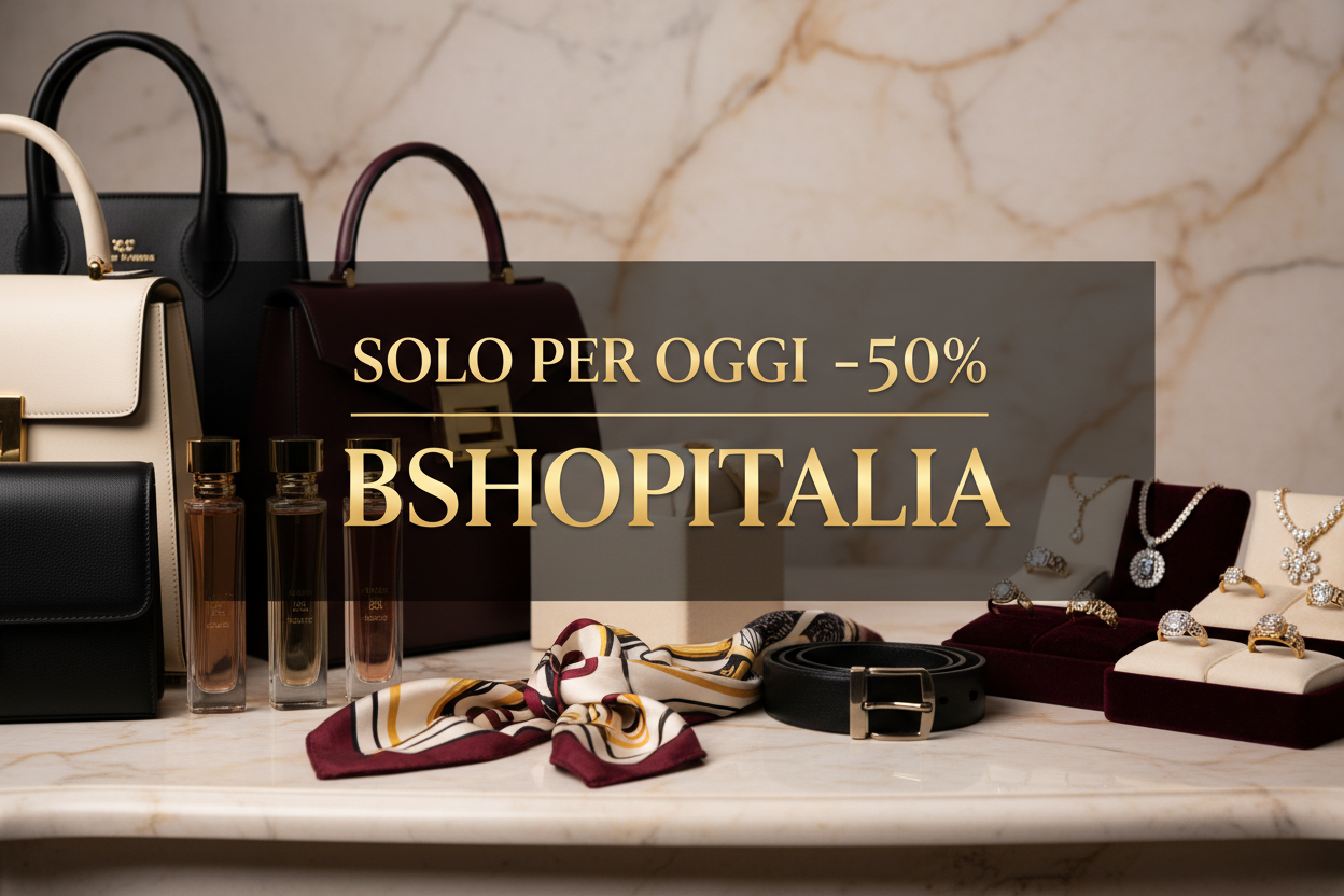 Genara un immagine per la home del mio sito dove detrai una promozione , solo per oggi -50% da BSHOPITALIA, l'immagine deve avere dietro borse di lusso, profumi , accessori, gioielli. quello che vendoio. 